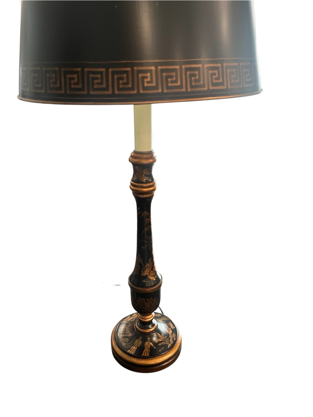 Chinoiserie Black Gold Tole Candlestick Lamp Vintage Hand Painted - Picture 6 of 16